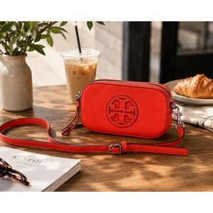 Tory Burch Perry Bombe Mini Bag Coral Red Pebbled Leather Crossbody Camera Bag
